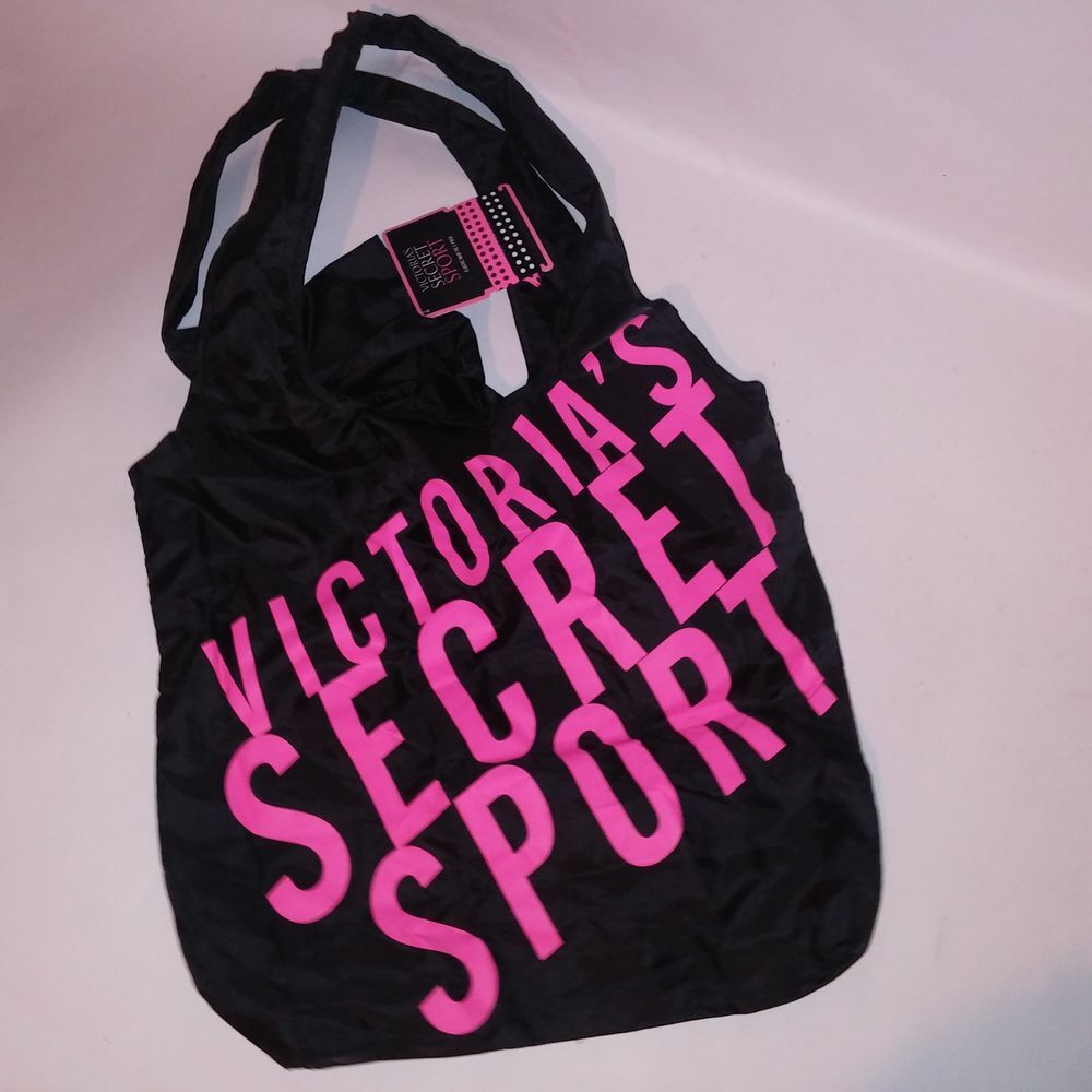 Victoria Secret Sport Tote Bag Nylon Black Neon Pink 2 Hair Ties 14" x 16" - Picture 5 of 11